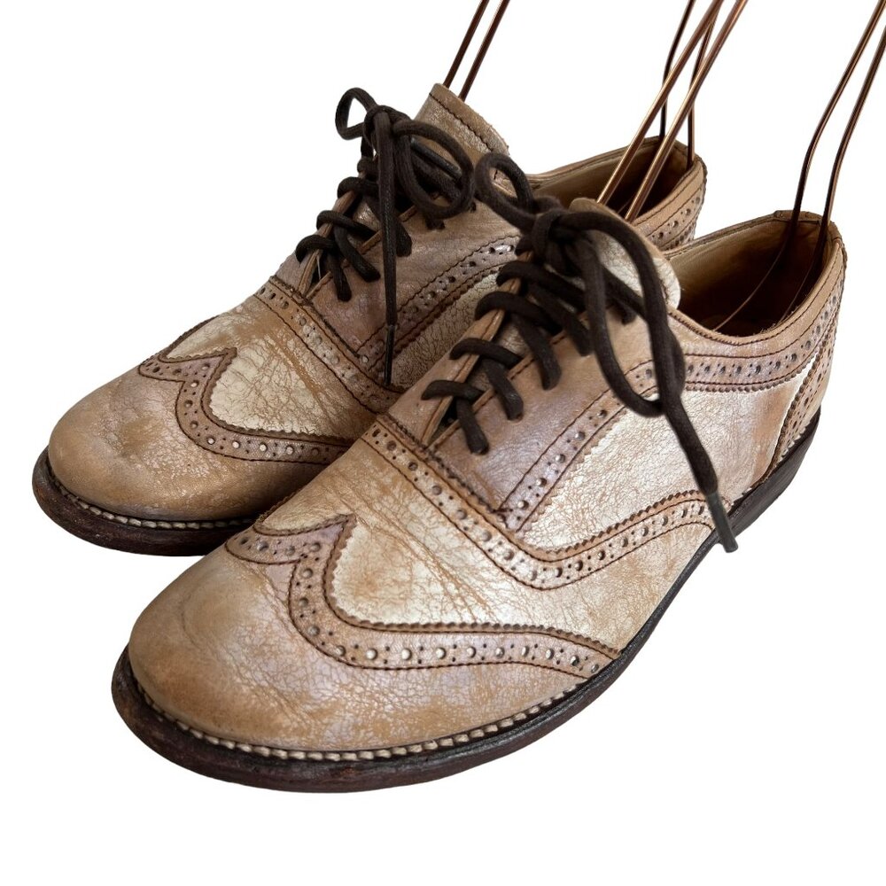 Bed Stu oxfords Lita 7 beige crackled distressed leather wing tip lace up flat